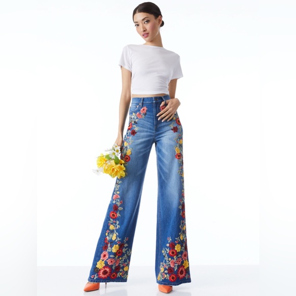 Alice + Olivia Blue Floral Embroidered Flare Jeans - Picture 4 of 15